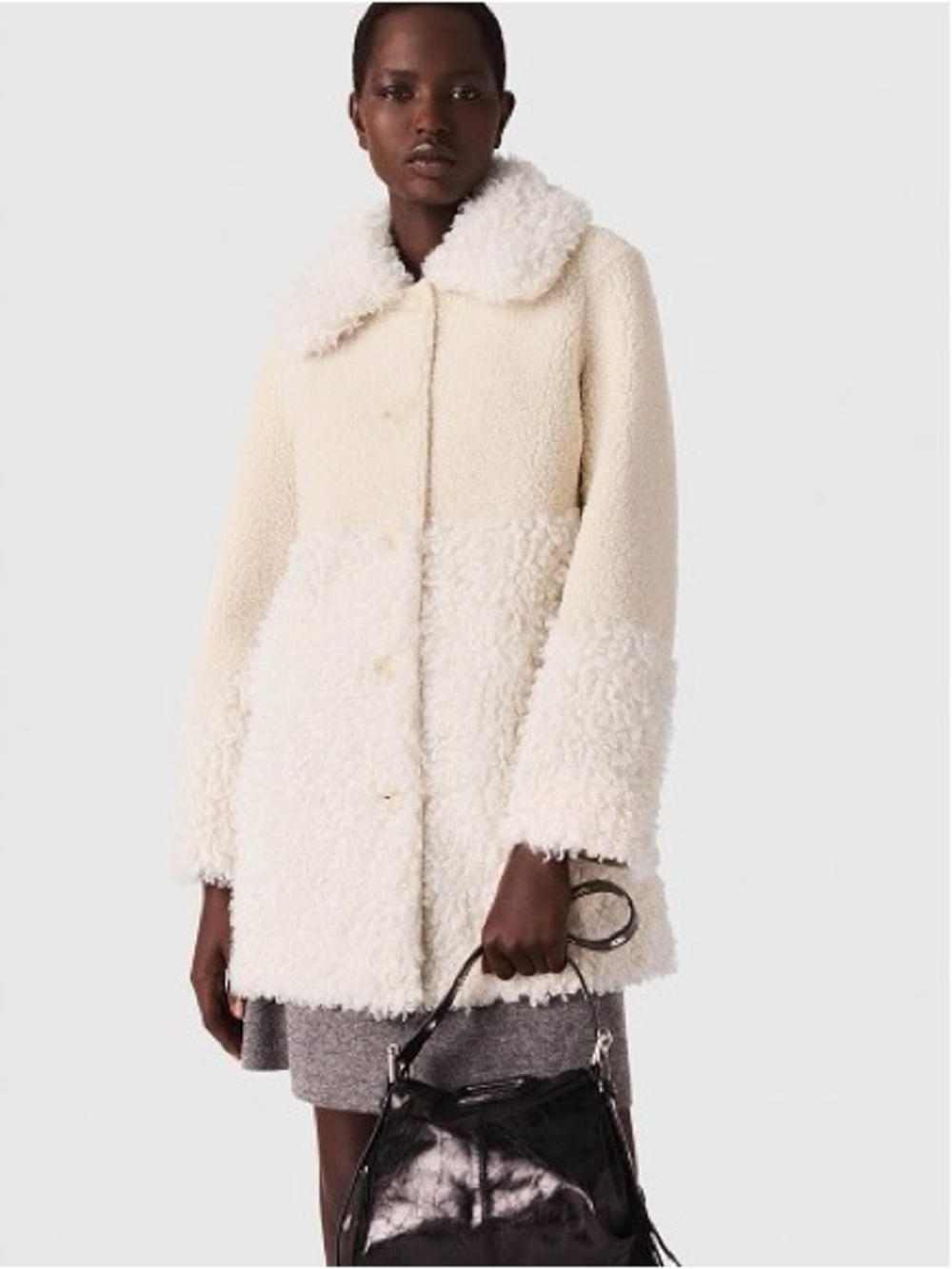 MAJE Long Faux Fur Coat Ecru Size 42 XL New